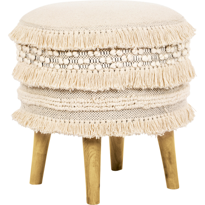 Buy Pouffe Stool in Boho Bali Style, Wood and Cotton - Janice Bali White 60264 at MyFaktory