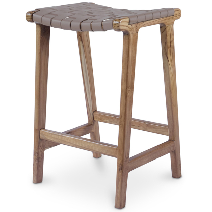 Buy Bar Stool in Bali Boho Style, Leather and Teak Wood - Grau Brown 60472 at MyFaktory