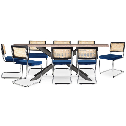 Buy Pack Industrial Wooden Table (200cm) & 8 Rattan and Velvet Mesh Chairs - Jenka Dark blue 60594 in the Europe